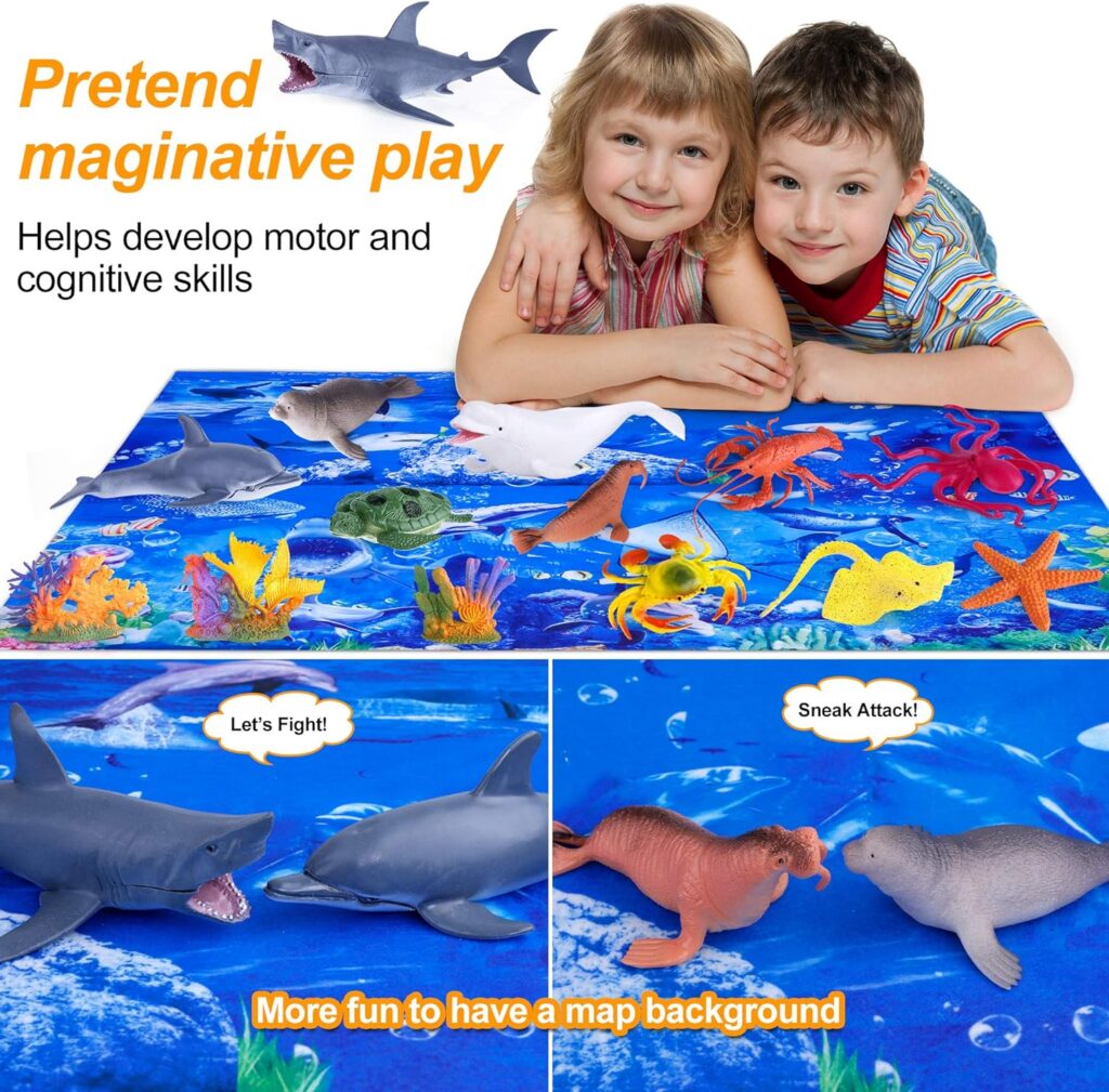 gifts for a child who likes marine life and aquariums- 18 piece ocean animals toys kit with play mat 